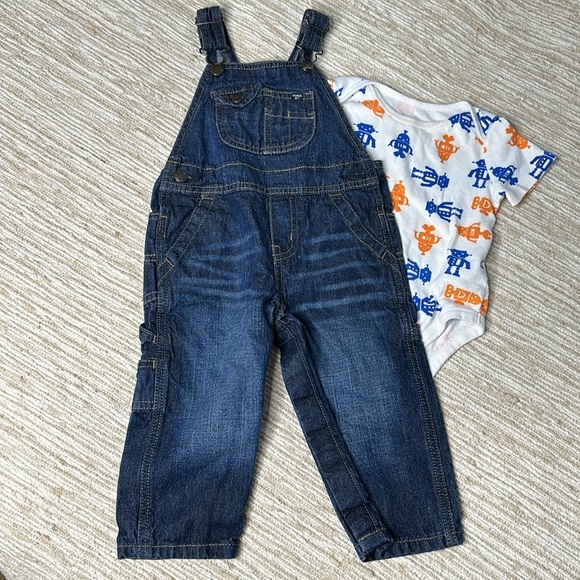 18m Osh Kosh Jean denim overalls and hoodie with Joe onsie blue and orange - Picture 7 of 16